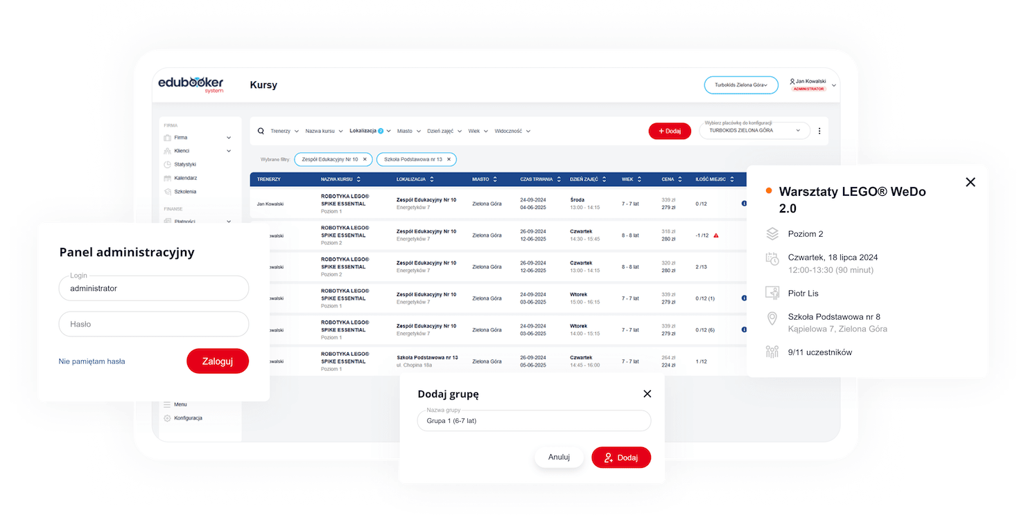 Widok systemu zapisów na zajęcia pozalekcyjne